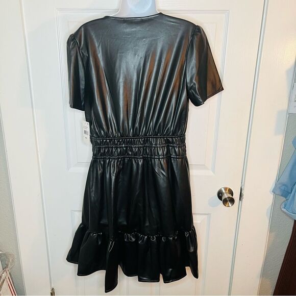 GREY COLLECTIVE Faux Leather Mini Dress Black Fit and Flare Ruffle Smocked M NWT - Picture 11 of 13